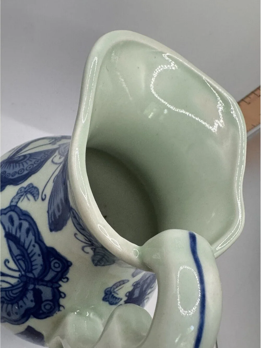 Stoneware - Blue & Beige Butterfly Pitcher, 5.25